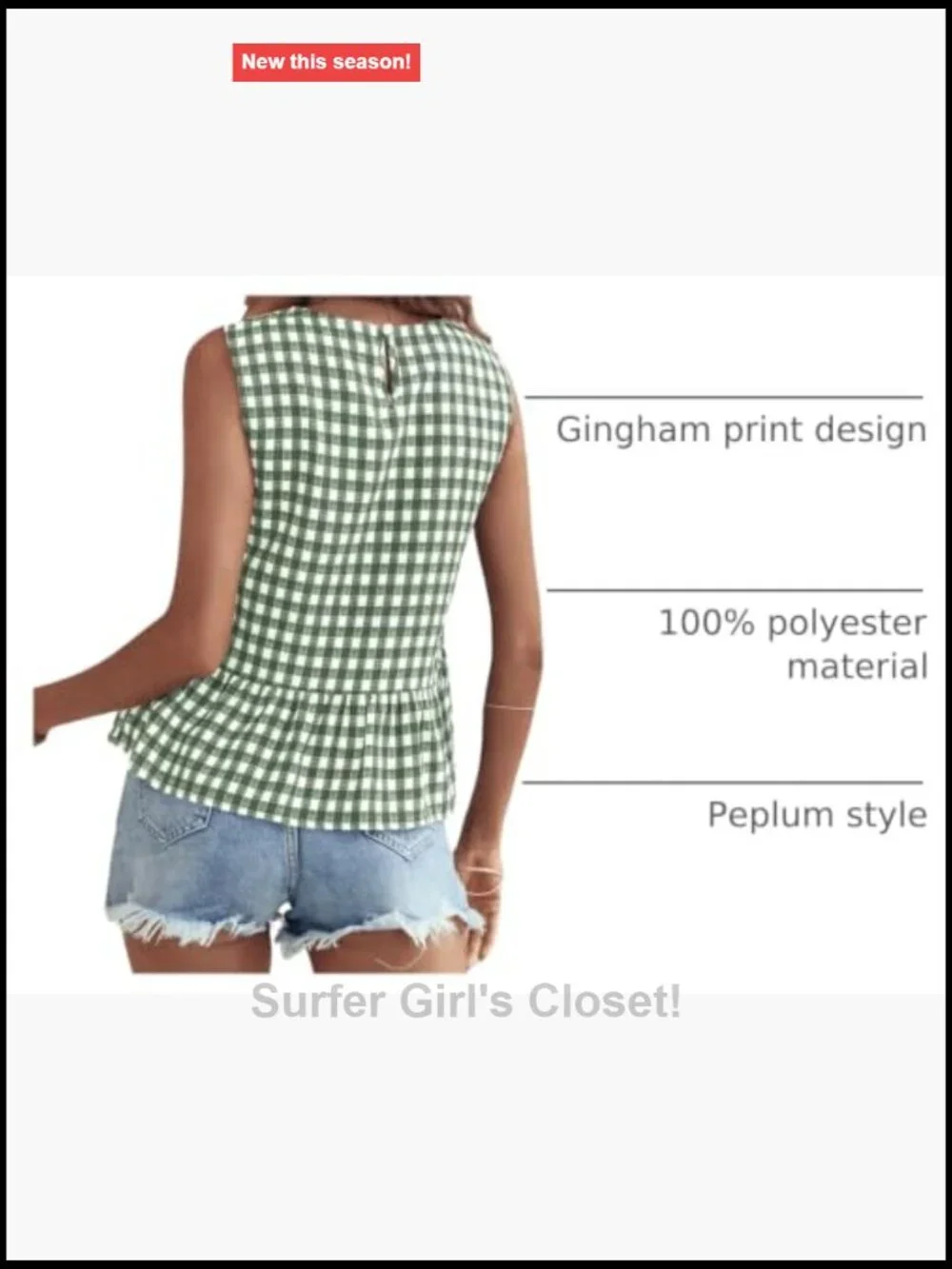Womens Sleeveless Gingham Print Peplum Top Ruffle Hem Blouse